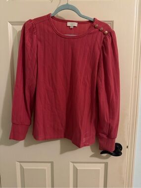 LOFT Ribbed Crewneck Top in Deep Pink with Button Detail